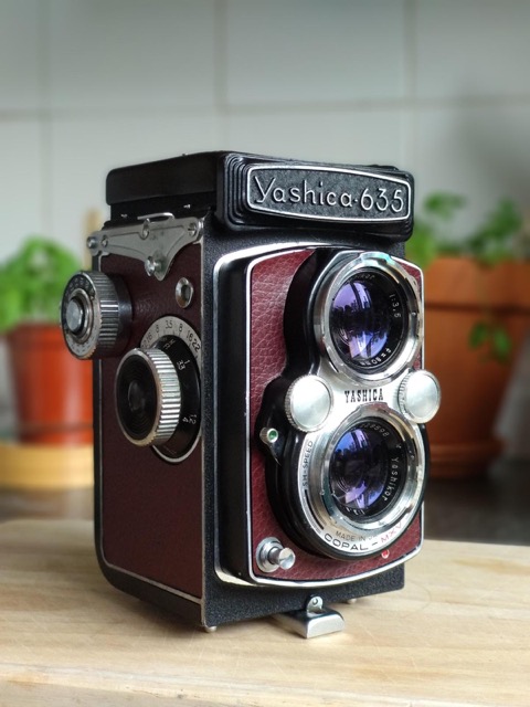 Yashica 635 reskinned in burgundy red